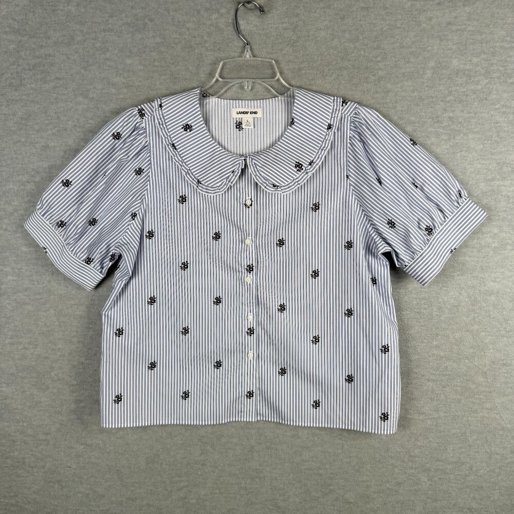 Lands End Women's L Cotton Puff Sleeve Statement Collar Shirt Blue White Stripe - Picture 5 of 15